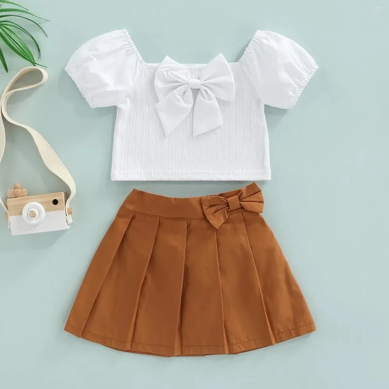 Kläduppsättningar Kid Girl 2st Dress Outfits Short Puff Sleeve Solid Color Tops Bow-Knot Pleated kjolar Style Culottes Set