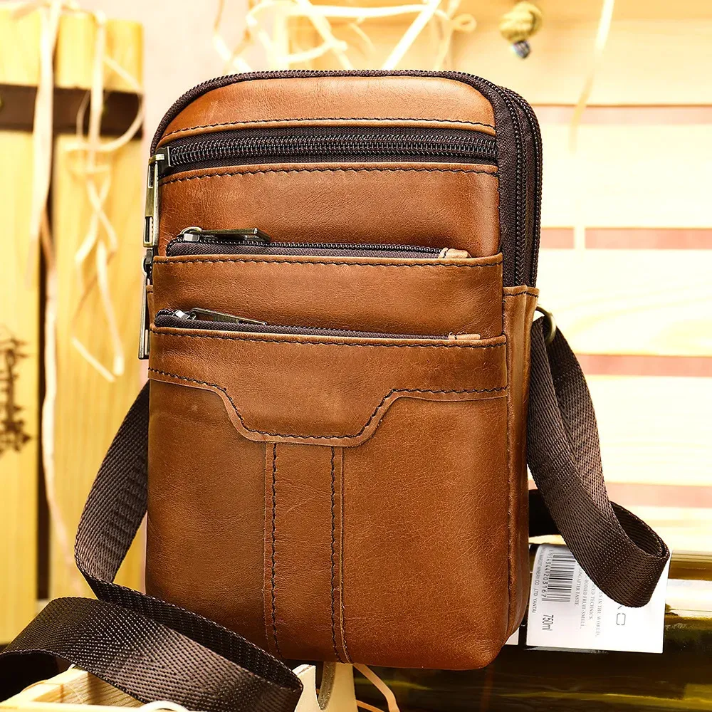 Waist Bags Genuine Leather Men's Small Crossbody Bag Retro Casual Belt Multifunctional Three Layers Shoulder Messenger 231027