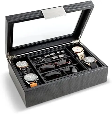 Solglasögon Fall smyckesbox för män - Håller 6 klockor 12 manschettknappar 2 Solglasögon Tray Storage - Mens Watch Case - Carbonfiber Organizer W Mak 231027