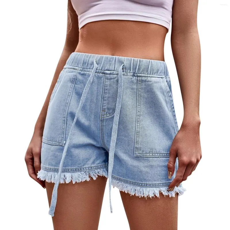 Shorts femininos mulheres casual denim verão cordão elástico cintura confortável jean com bolsos streetwear pantalones cortos