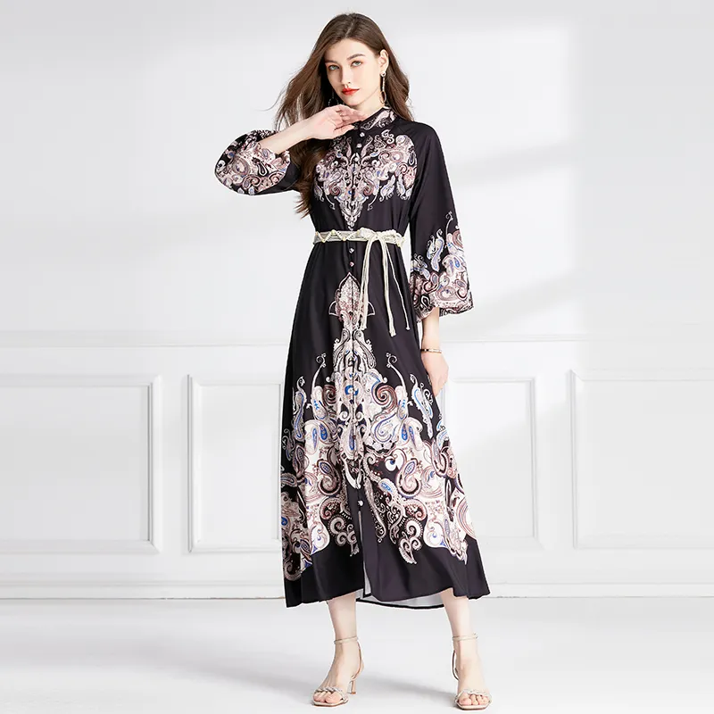 Lantern Sleeve Black Women Maxi Dress Robe Luxury Designer Vintage Elegant Stand Collar Slim Party Boho Dresses With Belt 2023 Autumn Winter Runway Vacation Frocks