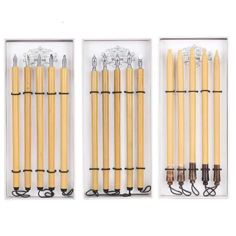 Fountain Pens 5Pcs Dip Pen Handcrafted Manga Calligraphy Vintage Bamboo Drawing Painting Kit School Gift Supplies 231027