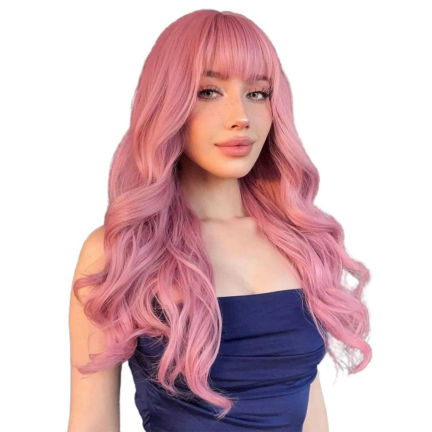 Women s Cherry Blossom Pink Wigs Straight Bangs Long Curly Hair Big Wave Synthetic Fashion Wigs