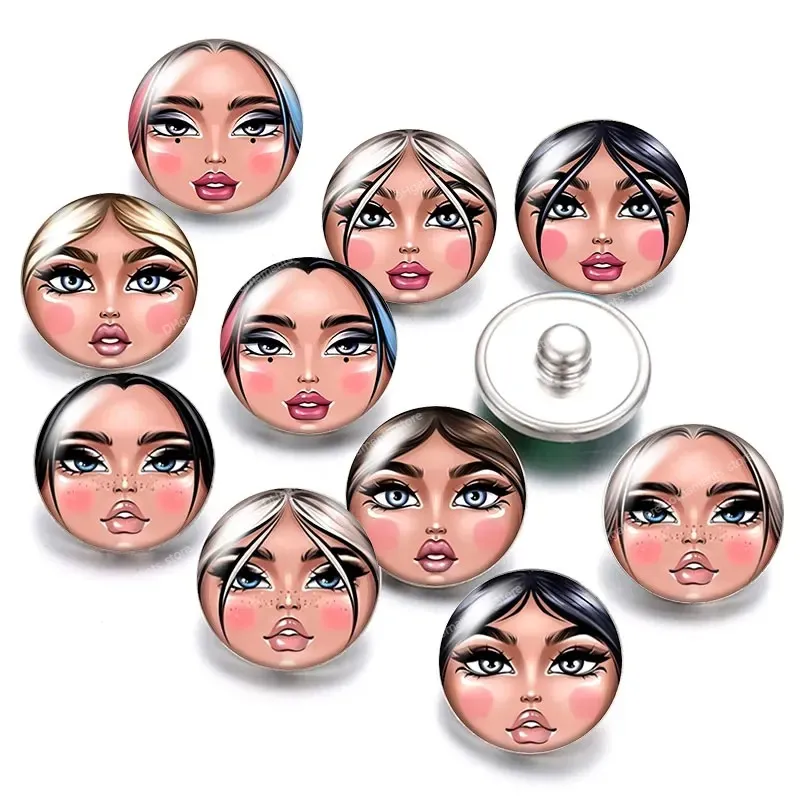 Fashion Girl Face Beauty 18 mm boutons instantanés 10pcs Mélange Round Photo Glass Cabochon Style pour 18 mm Snap Bracelet