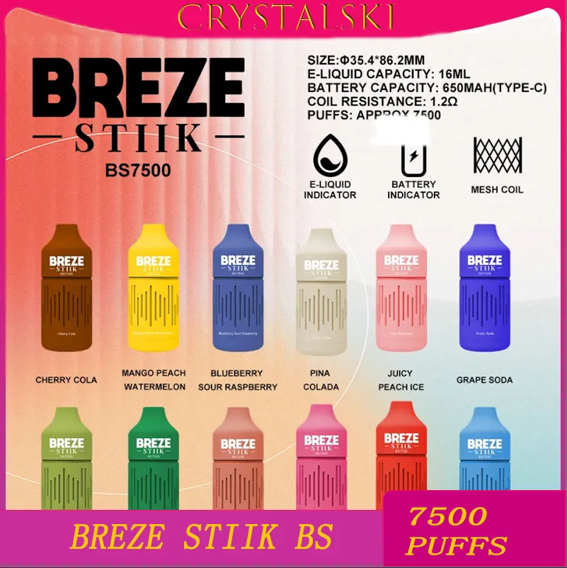 Orginal Breze Stiik BS7500 Puffs使い捨て蒸気eタバコ600MAHタイプ-Cバッテリービッグ蒸気キット16MLポッドメッシュコイルカートリッジと電子液体およびバッテリーインジケーター