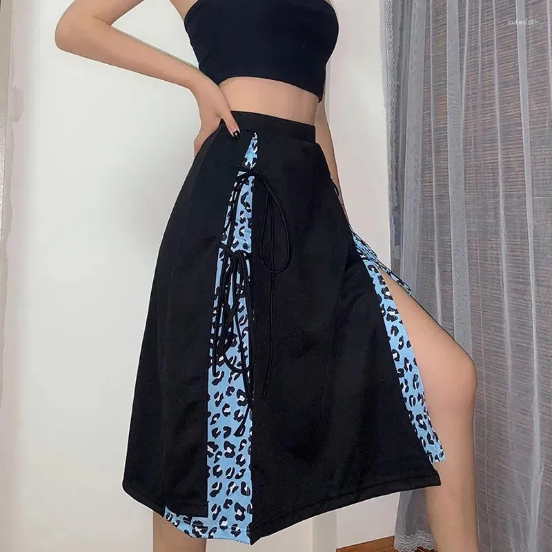 Skirts 2023 Sexy Print Patchwork Split Knee Length Skirt Drawstring A Line Bodycon Party Club Outfit Punk Streetwear Gothic