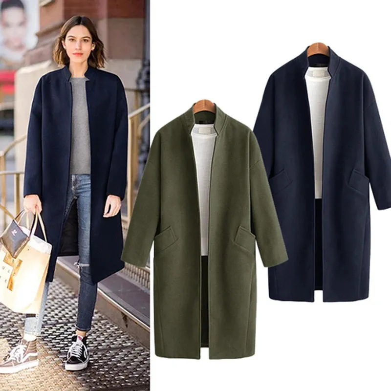 Kvinnors ull blandar Army Green Standing Collar Coat Women Pocket Casual Long Sleeve Autumn Winter Ytterkläder Oversize Trench 231027