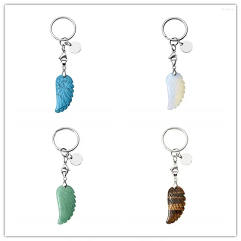 Keychains fyjs unik silverpläterad cirkel hummerlås tiger ögon sten ängel vinge nyckel kedja opalite opal klassiska stil smycken smycken