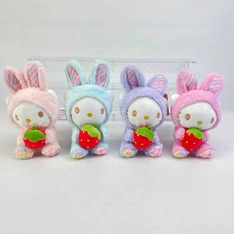 Wholesale cute strawberry rabbit cat pendant plush toy keychain holiday gift claw machine prizes