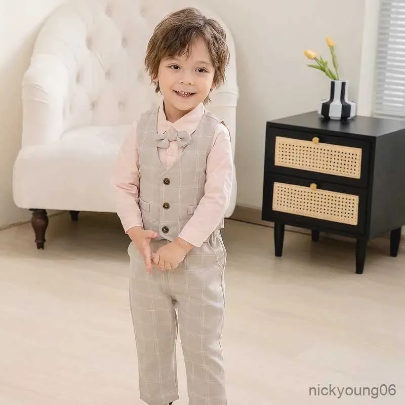 Clothing Sets Kids Clothes Boys Outfits 3 4 5 Y Pink Shirt with Plaid Vest Trousers Children Gentleman Formal Wedding Costume Autumn Wear R231028