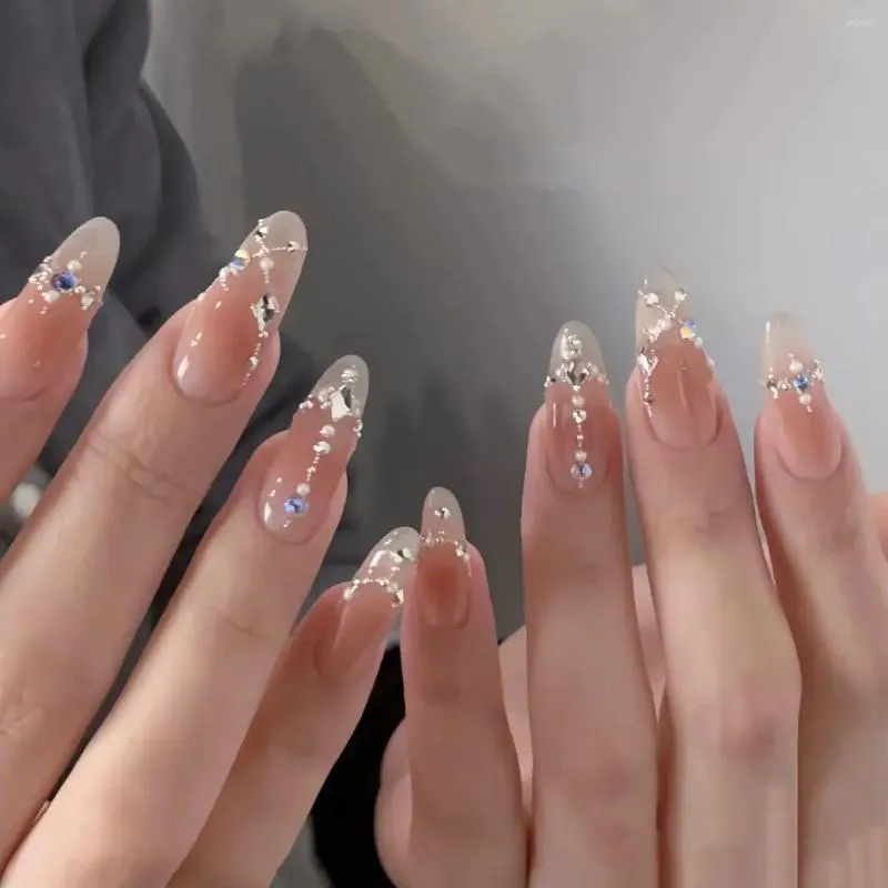 Falsche Nägel 10 Stück abnehmbare handgemachte schöne Hochzeit Mandel Ballett Full Cover Fake mit Diamant-Perlen-Designs-Spitze