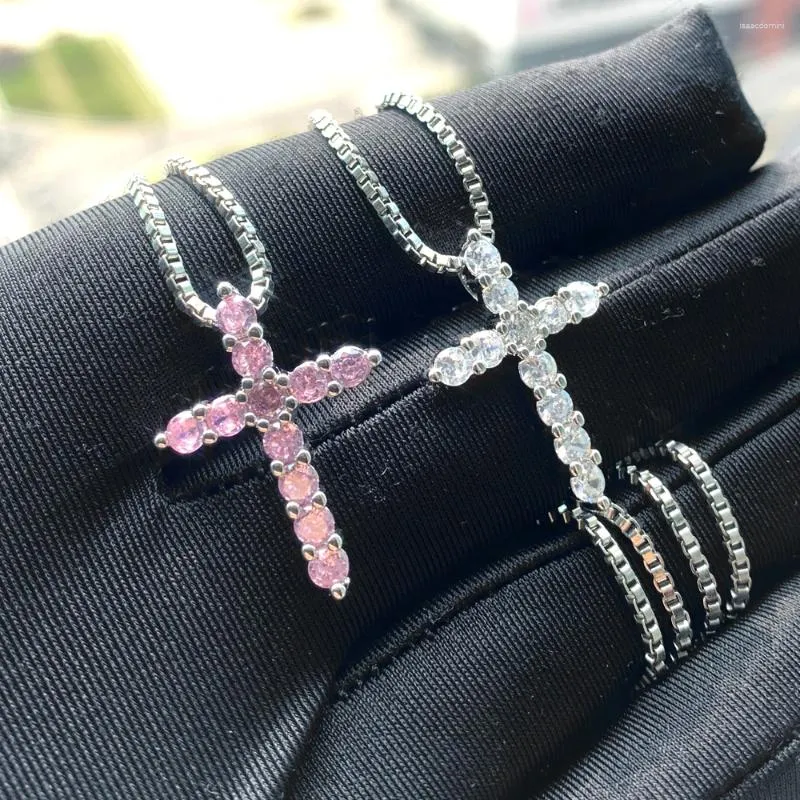 Collier ras du cou pour femmes, pendentif croix incrusté de zircone cubique, blanc, rose, à la mode, bijoux de fête