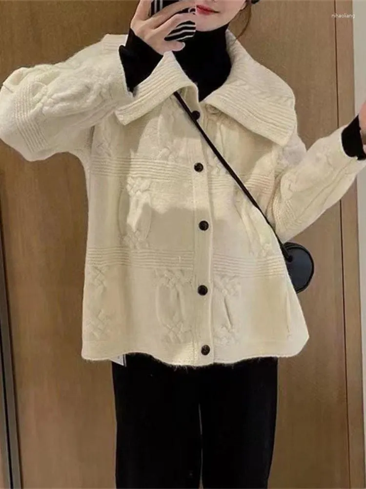 Damen Strick 2023 Übergroße Strickjacke Mantel Frauen Kleidung Pull Femme Umlegekragen Lässiger Strickpullover Einfarbig Mode Y2k Tops