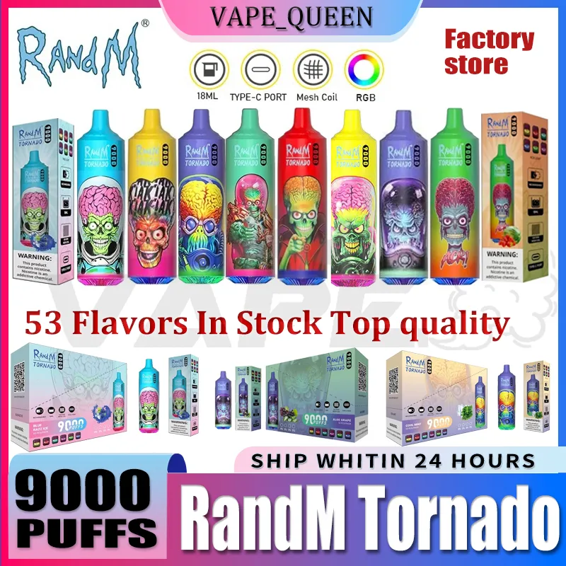 Original RandM Tornado 9000 Puff 9000 cigarettes électroniques jetables 0.8ohm bobine de maille 18 ml batterie de cosses rechargeables cigarettes électroniques Puff Randm 9000 9k Tornado 9k 53 saveurs