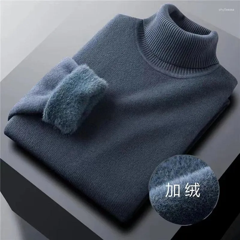 Män tröjor vinter långärmad män turtleneck tröja tjock varm smal fashion casual harajuku stickad inuti kläder svartblått