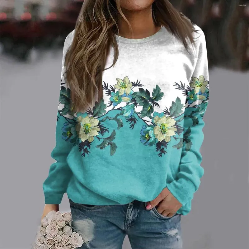 Sudaderas con capucha para mujer, suéter de cuello redondo con estampado de elementos de hojas y flores, suéter versátil con círculos de otoño 2023