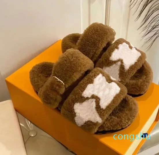 Dames laine diapositives avec fourrure d'hiver moelleux fourrure lettres chaudes sandales confortable feuille floue fille tongs