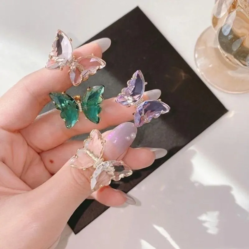 Cluster Rings Fairy Transparent Glass Zircon Butterfly For Women Girls Pink Green Purple Simulation Wing Open Charm Ring Luxury Jewelry