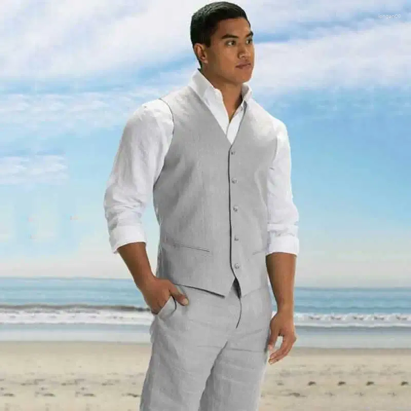 Ternos masculinos plus size cinza linho masculino para praia casamento noivo smoking 2 peça (calças colete) fino ajuste terno masculino traje homme