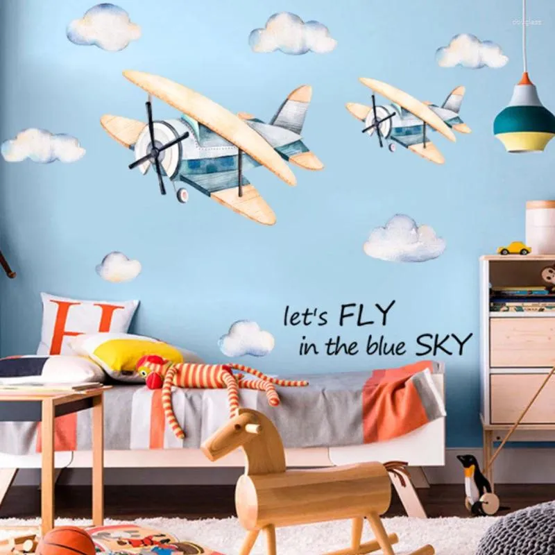 Autocollants muraux dessin animé avion Clounds aquarelle, décalcomanies dessinées à la main pour enfants, chambre de garçon, jeu de bébé, décoration de maison