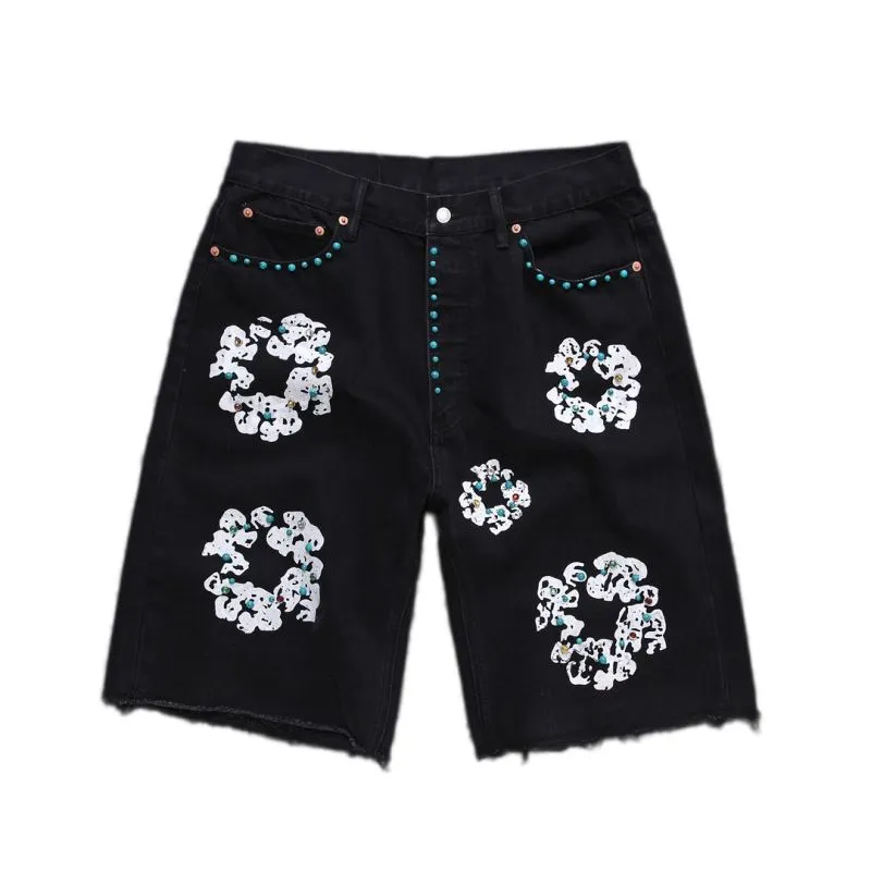 Denim Teers Shorts Jeans Flower Printed Wreath Jeans Diamond Denim Shortpants Slim Streewear Button Fly S Black Light Wash Blue Button Fly Jeans 411