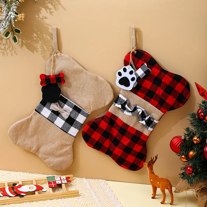 42*26CM PET Dog Bone Paw Paw Christmas Stocking Ornaments Burlap Plaid Xmas Tree Torby