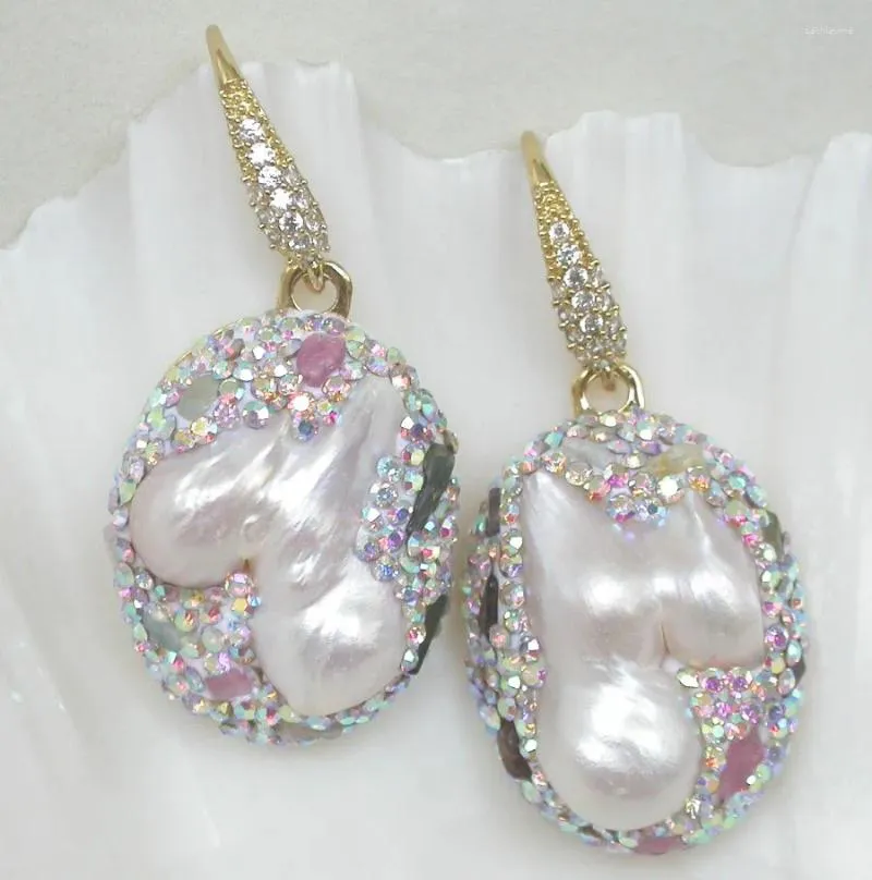 Dangle Earrings JQHS 2" Luster Natural 30mm Baroque White Reborn Keshi Pearls C1140