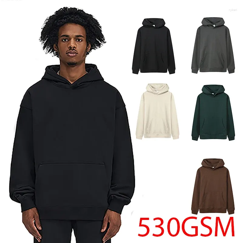 Sweat à capuche en coton pour hommes, 530 g/m², French Terry, haut de gamme, poids lourd, mode hiver, pulls décontractés, épais, épaules tombantes