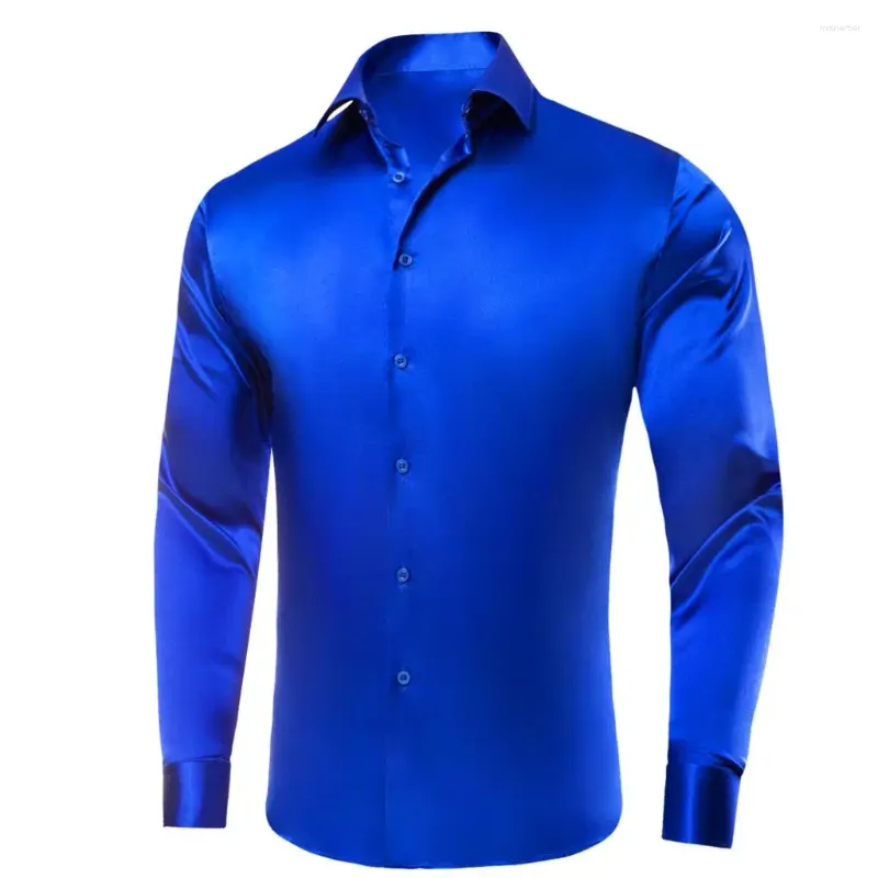 Chemises décontractées pour hommes Hi-Tie Royal Blue Pure Soie Solide Mens Revers Robe à manches longues Chemise Blouse douce pour les affaires de mariage formelles masculines