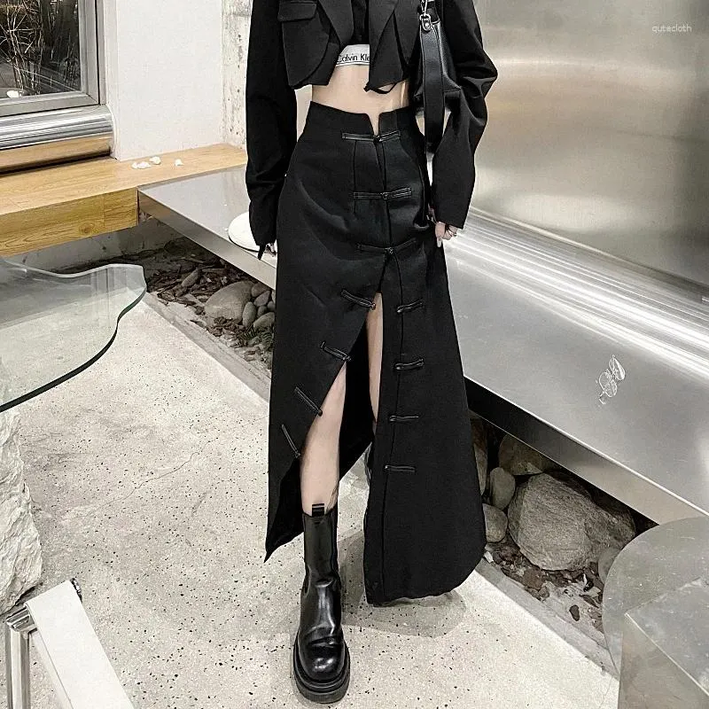 Skirts Vintage Summer Goth Skirt Streetwear Harajuku Midi High Waist Y2k Cheongsam Buckle Design Slit A-Line Women 6F