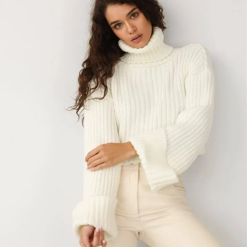 Women's Sweaters 2023 Turtleneck Womens Striped Solid Color Flare Sleeves Elegant Knitted Pullovers Warm Sueter Mujer Knitwear Jumper