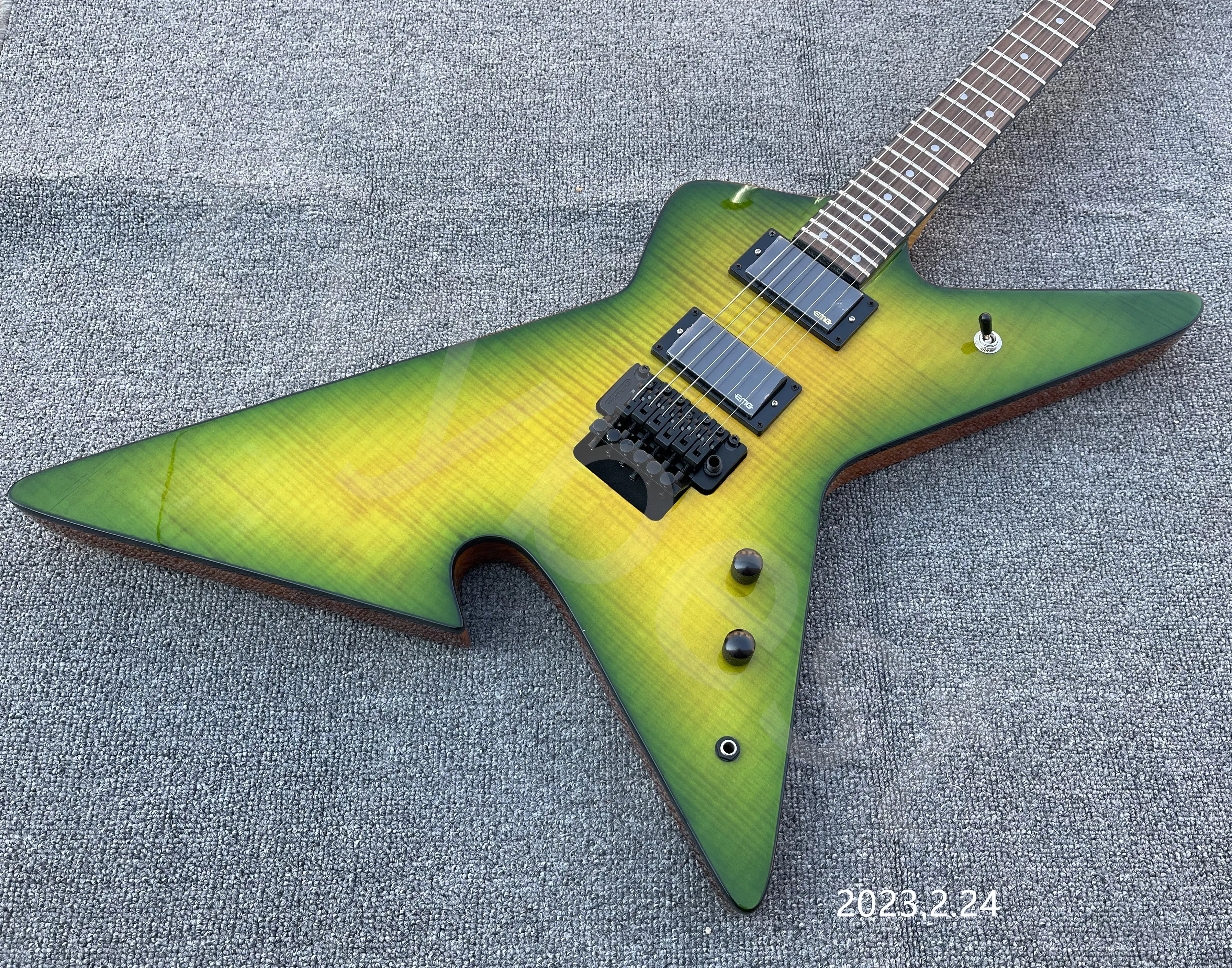 Cusom Culprit Green Burst Flame Maple Top Dimebag Darrell elektrische gitaar Floyd Rose Tremolobrug Locking Nut Whammy Bar China EMG pickups Zwarte hardware