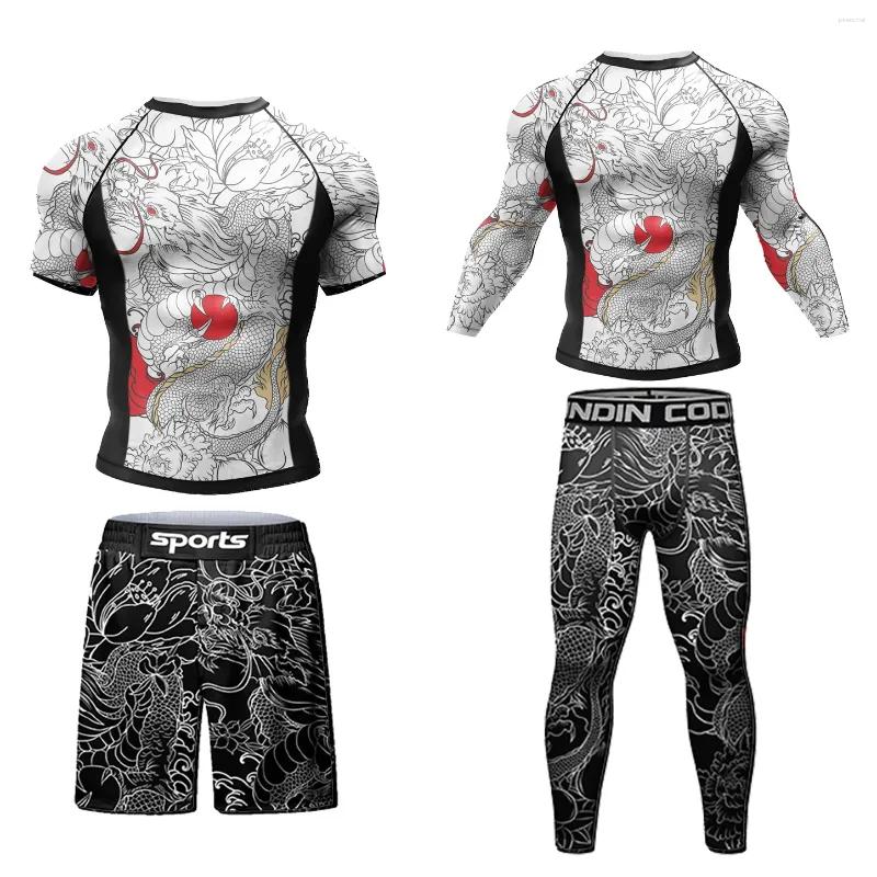 Survêtements pour hommes 3D Imprimer Fitness Vêtements de boxe Hommes 4 pièces Rash Guard Gym Tight Jiu Jitsu MMA Shorts Kickboxing T-shirt Ensemble