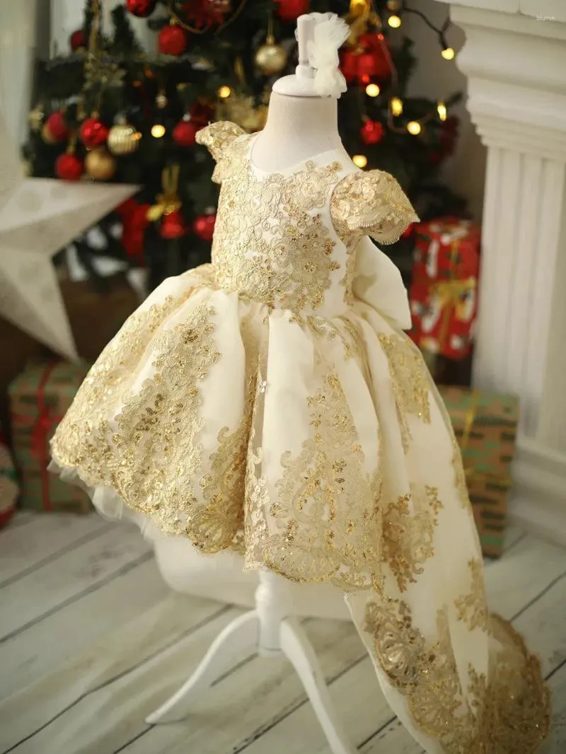 Flickaklänningar paljett spetsblomma klänning puffy tyll guld o nacke med bågprinsessan bröllop barn julfest klänning födelsedag 2023