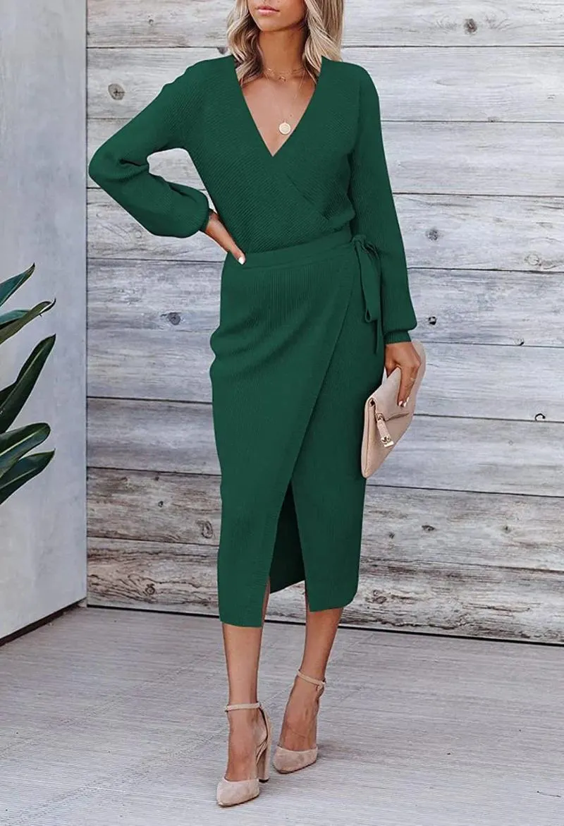 Casual Dresses Autumn Winter Knitted Dress For Women Solid Color Long Sleeved Leace-up V-neck Bodycon Elegant Vestidos