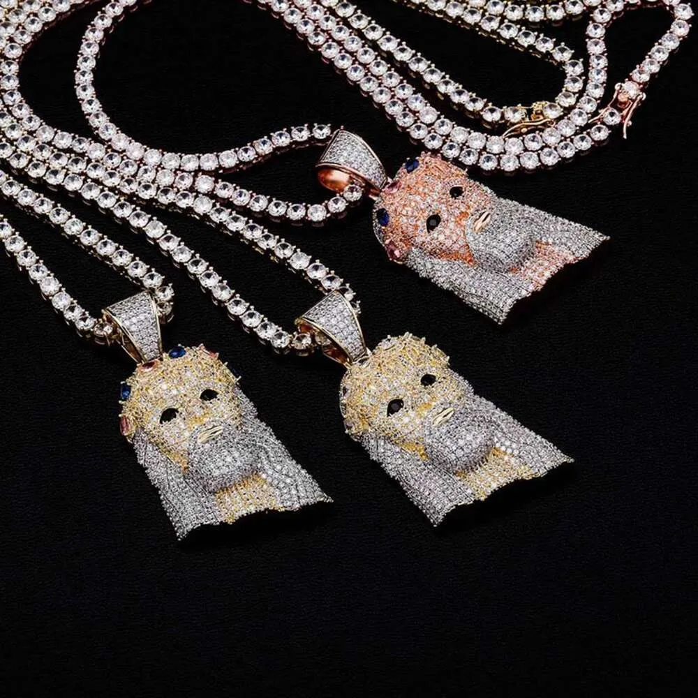 Ny färgglada diamant rosguld Jesus huvudstaty hänge halsband för kvinnor och män smycken full mousserande cz kubiska zirkonstenar hip hop halsband religiös gåva