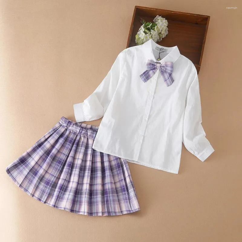 Clothing Sets Children Girls Suit 2pcs Spring Autumn Long Sleeves School Uniform White Shirt Plaid Skirts Kids Clothes