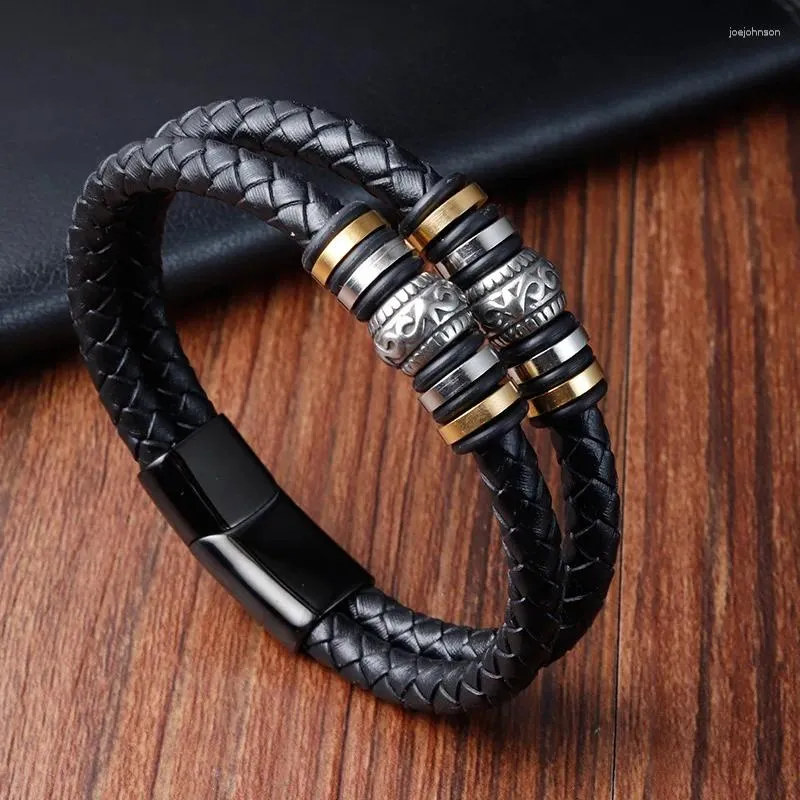 Bracelets à breloques en acier inoxydable, cordon en cuir, style bohème, Double tissage, cadeau pour hommes, vente en gros