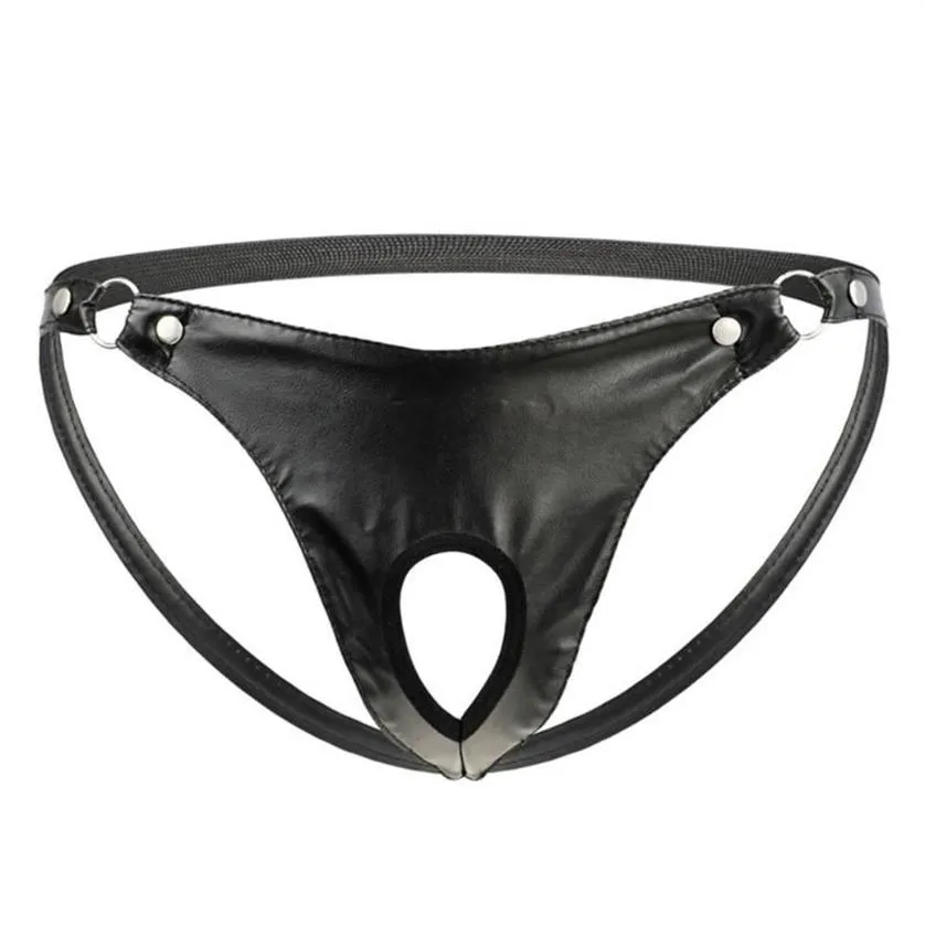 Cuecas masculinas sexy roupa interior de couro artificial anel de metal tanga jock strap185m
