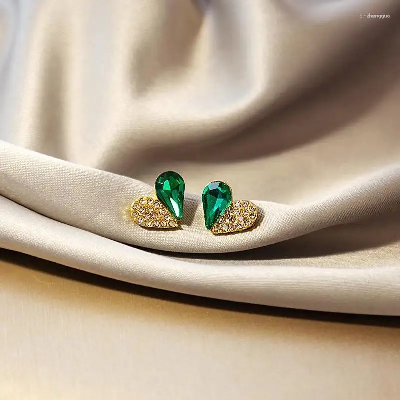 Boucles d'oreilles de luxe pour femmes, petit cœur vert, couleur or jaune, breloque de mariage pour femmes, strass blanc