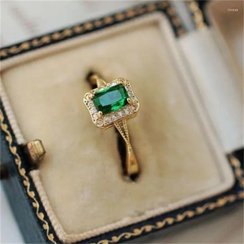 Anéis de casamento delicados pequenos pedras verdes quadrados bandas antigas cor dourada minimalista ajustável dedo indicador para mulheres joias cz