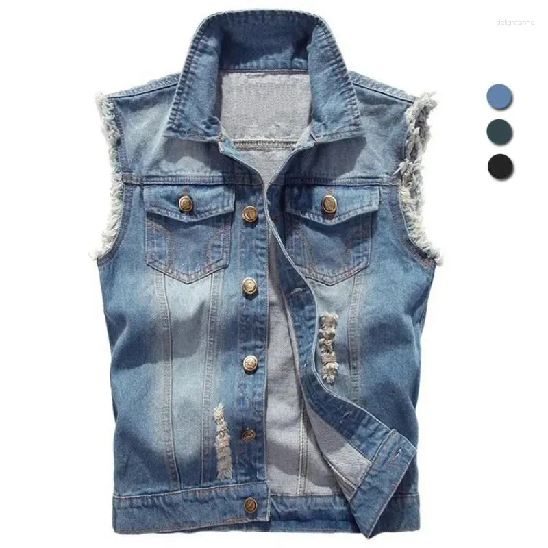 Men's Vests Denim Vest Ripped Jean Jacket Hip Hop Biker Waistcoat Coats Cowboy Brand Sleeveless Motorcycle Tanks Plus Size 6XL