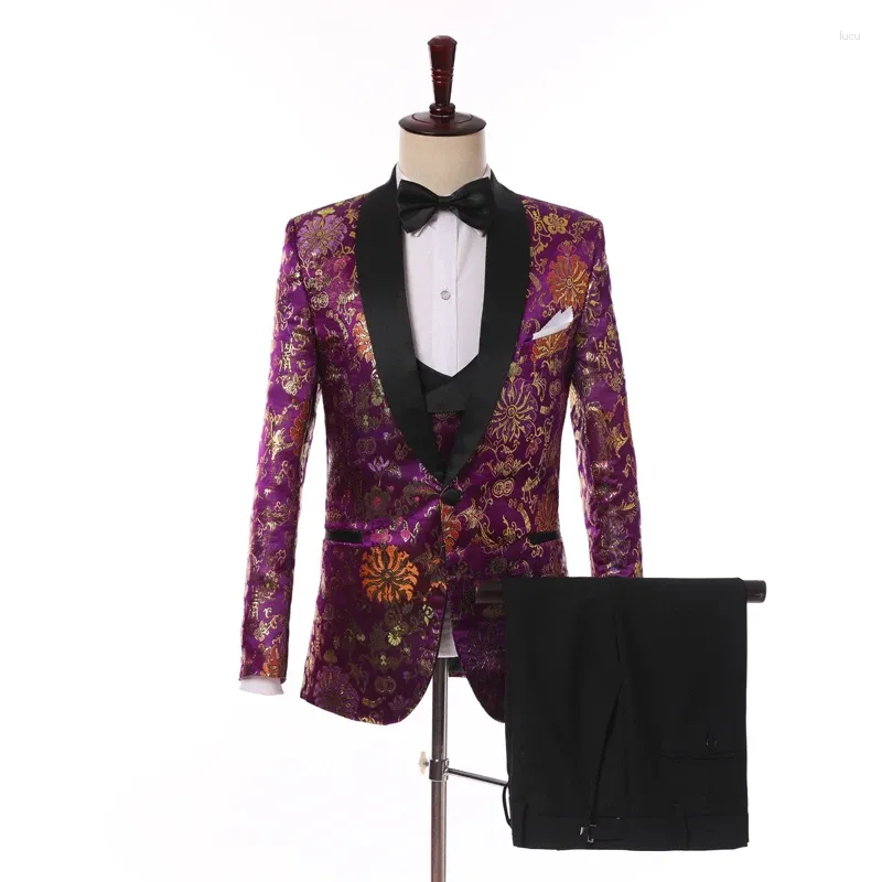 Ternos masculinos 3 peças conjuntos estampados roxo escuro casamento noivo blazer calças jaqueta colete slim fit roupas