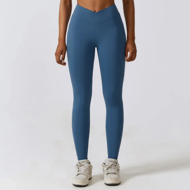 Active Pants Yoga Lycra Gym Leggings With Pockets Pilates Clothes Training  Wear Ladies Leggins Womens Sports Tights Blue