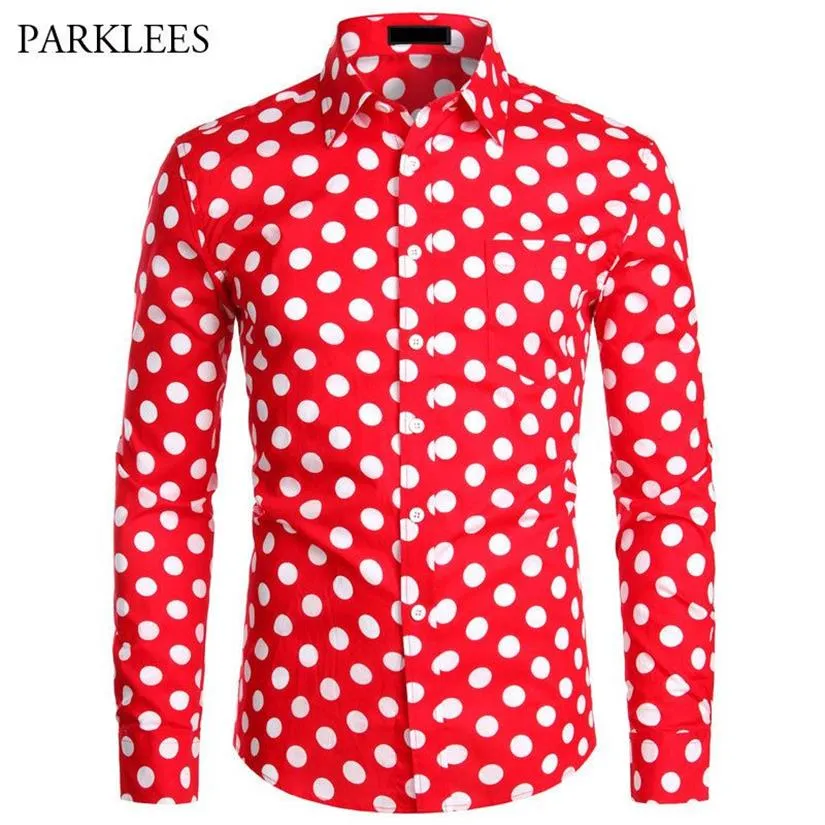 Red Mens Polka Dot Shirt Casual Button Up Dress Shirts Men Chemise Homme Party Club Male Shirts Garden Point Camisas Masculina X12271K