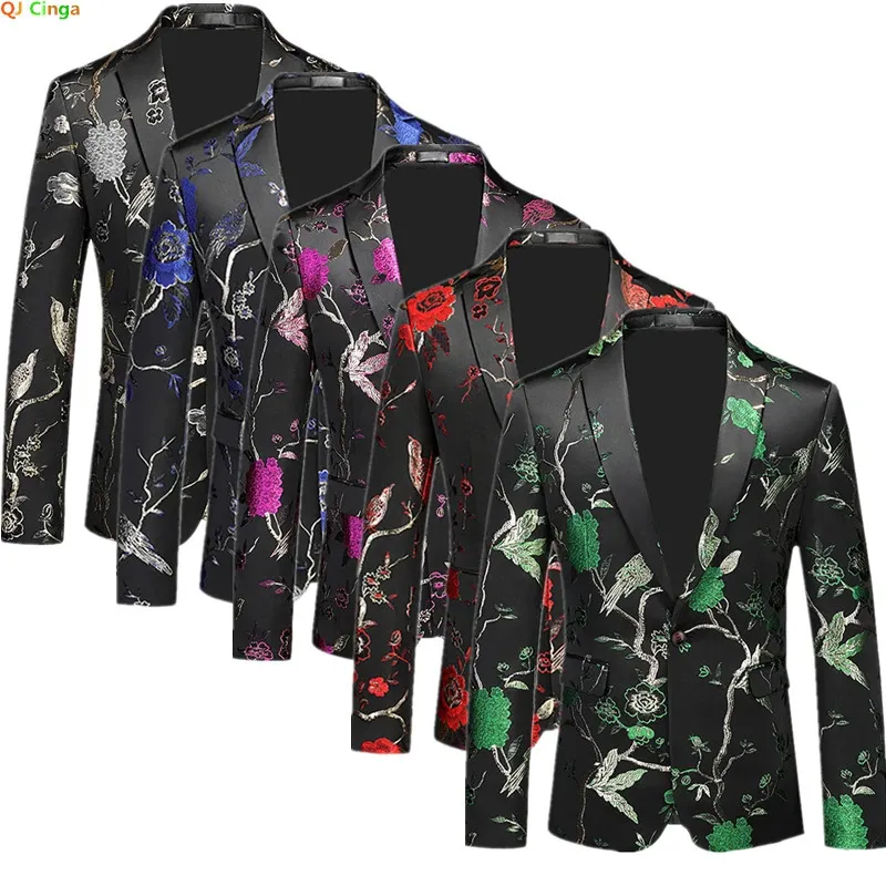 Herrdräkter blazers mäns kostym jacka bröllopsfest blommor broderad klänning rock mode smal blazers röd grön blå m-6xl tuxedo 231027