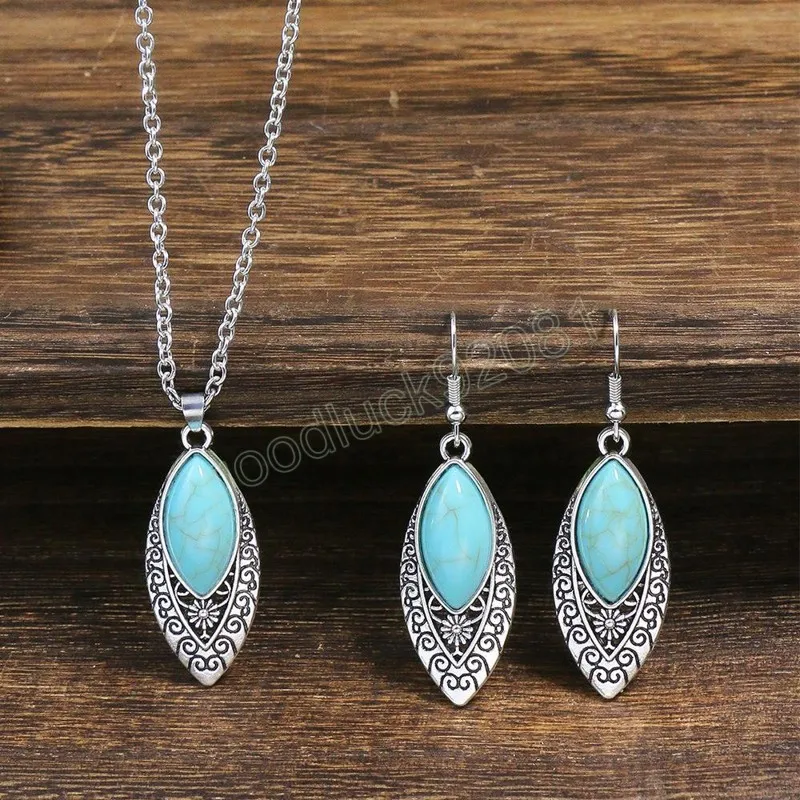 Turquoise Jewelry Sets: Bohemian Silver Flower Carved Turquoise ...