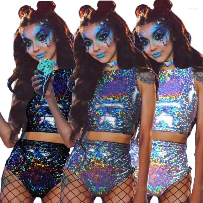 Women s Metallic Nightclub Festival Outfit Rave Pole Dance Clothing Reflective Crop Top Shorts Sexy Gogo Dancer Costume