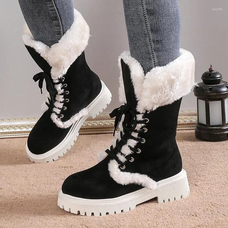 Boots Fashion Warm Lace Up Snow Women 2023 Faux Fur Platform Mid Calf Woman Non Slip Short Plush Winter Shoes