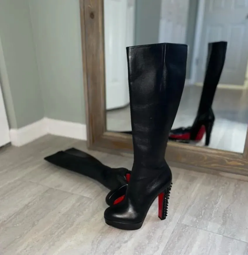 Black long boot women shoes reds high hels Janis Botta Platform knee boot block heeled spiked pumps evening wedding party dress